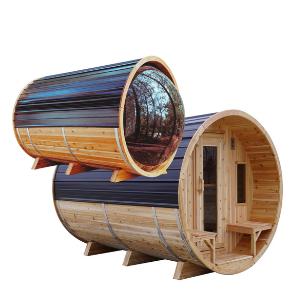 8' Red Cedar Panoramic Barrel Sauna With 2' Porch