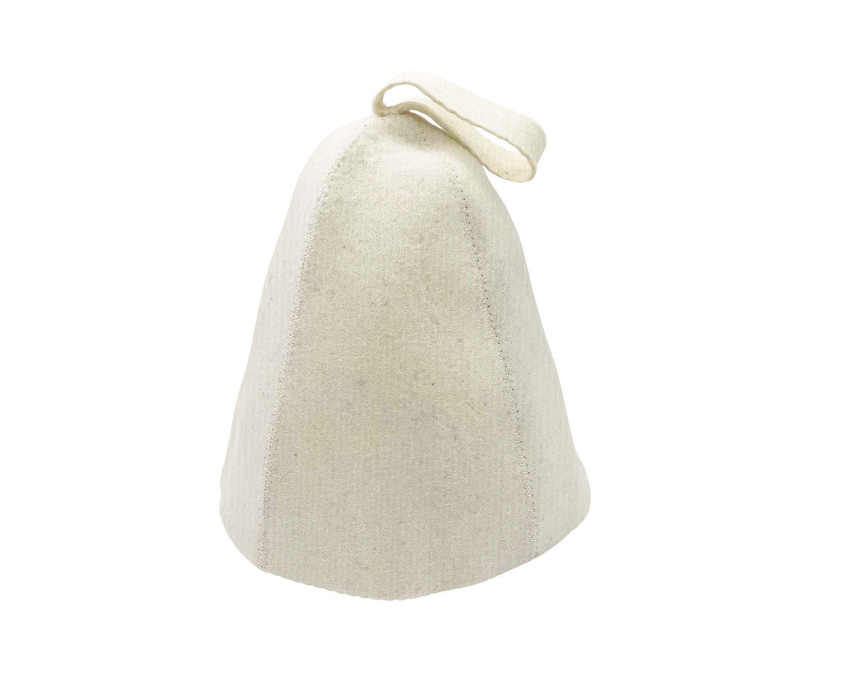 Cream wool sauna hat with a hanging loop