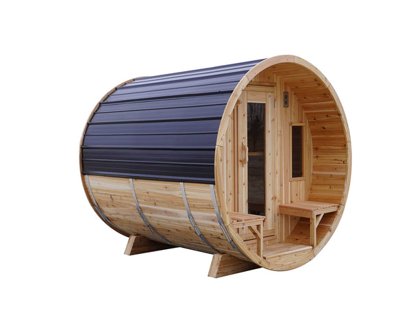 6' Red Cedar Barrel Sauna With 2' Porch - front view, shown in place, natural finish