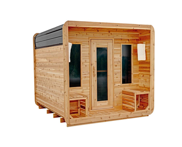 8' Red Cedar Cube Sauna With 2' Porch - three-quarter view, front view, clear stain finish
