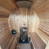 8' Red Cedar Barrel Sauna With 2' Porch - bench detail, clear stain finish