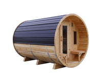 8' Red Cedar Barrel Sauna With 2' Porch - front three-quarter view, natural finish