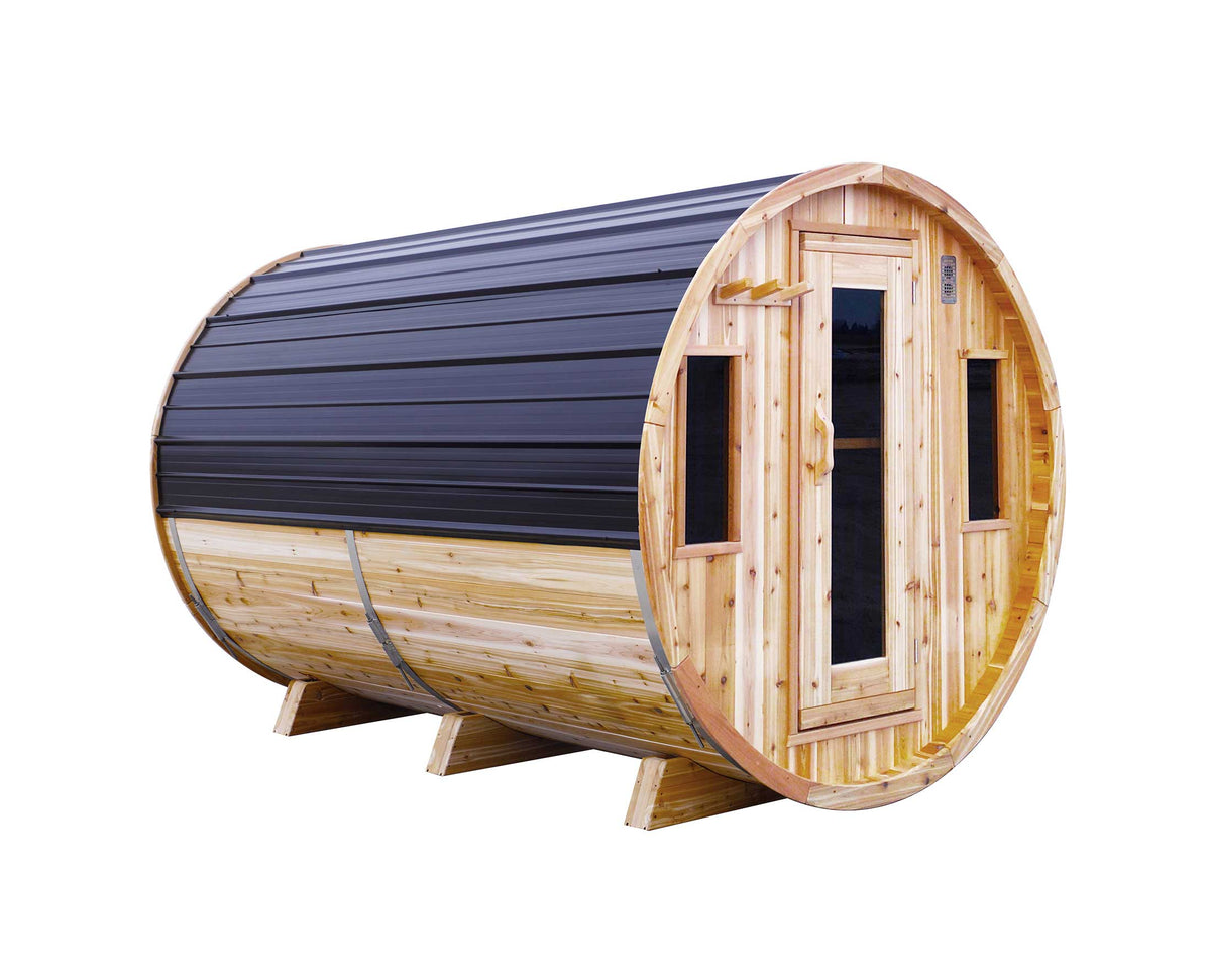 8' Red Cedar Barrel Sauna - front three-quarter view, natural finish