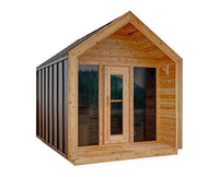 8' Red Cedar Modern Cabin Sauna With 2' Porch - front three-quarter view, clear stain finish