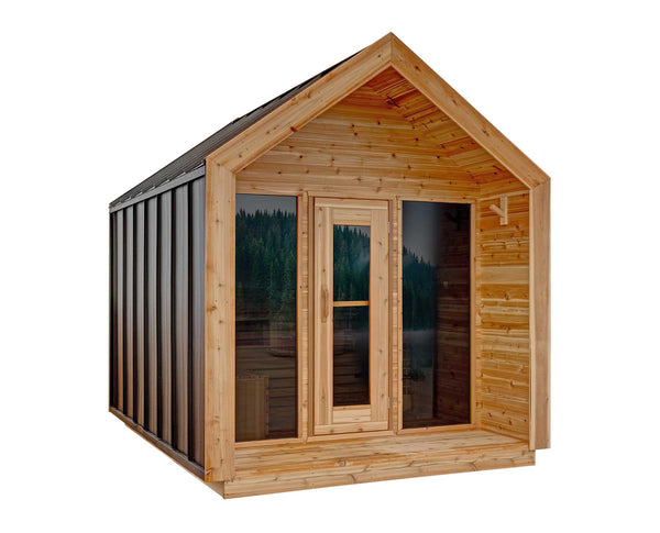 8' Red Cedar Modern Cabin Sauna With 2' Porch - front three-quarter view, clear stain finish
