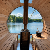 6' Red Cedar Panoramic Barrel Sauna - shown in place