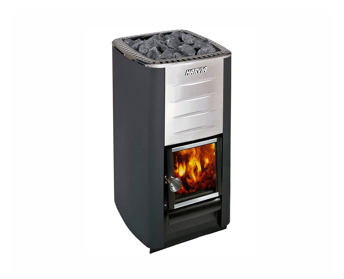 Harvia wood-fired sauna heater with the fire lit behind the glass door