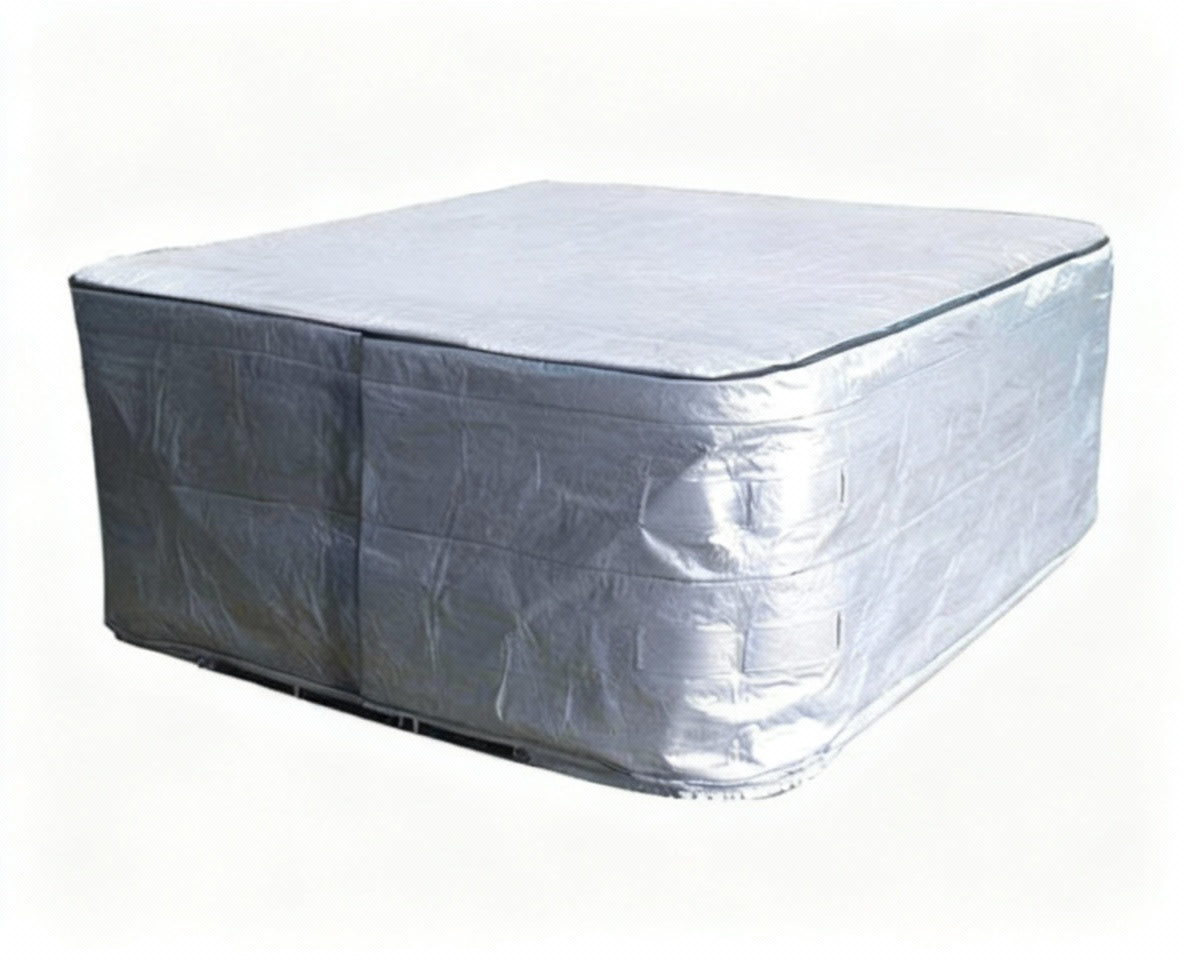 Insulated thermal winter cover fitted over a square hot tub