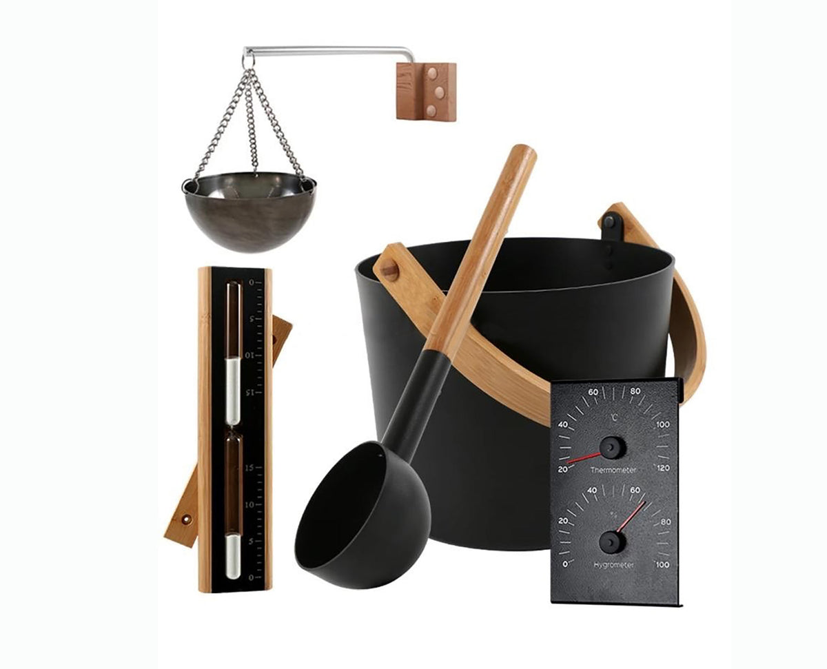 Sauna accessory kit with bucket, ladle, sand timer, thermometer and back rest