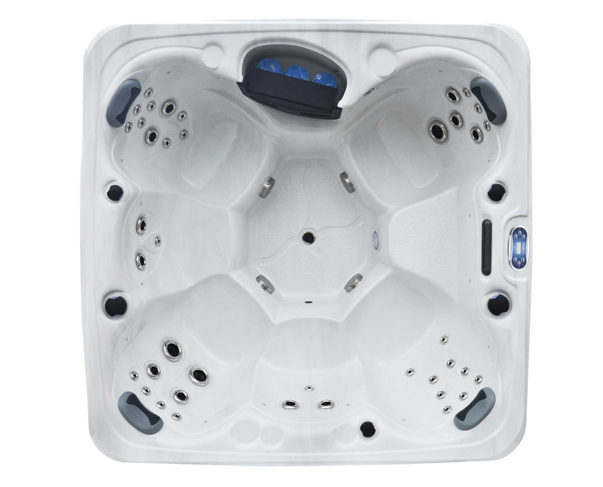 Williston I six-person hot tub, white shell with grey cabinet